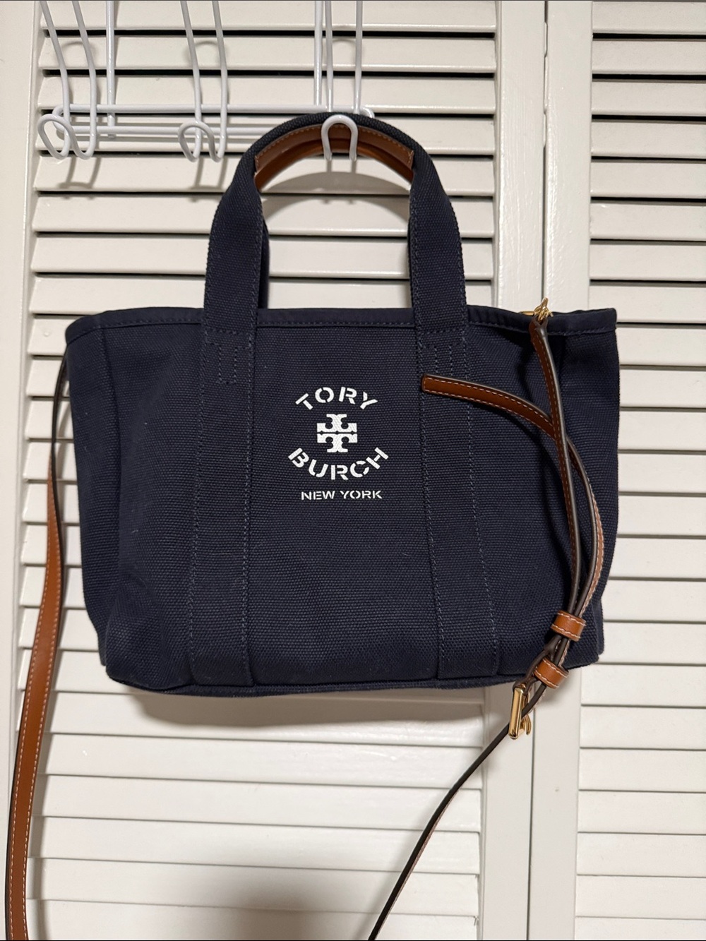 Tory Burch Navy Canvas Logo Tote with Brown Leather Trim